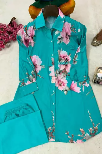 emerald color brush floral digital print work silk blend shirt palazzo set