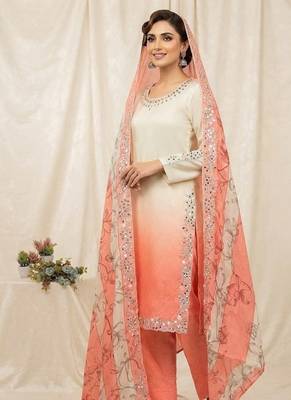 peach color embroidery and mirror work silk blend salwar suit 1