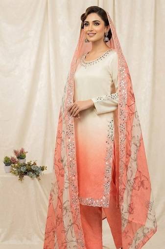 peach color embroidery and mirror work silk blend salwar suit