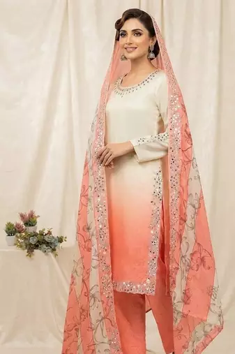 peach color embroidery and mirror work silk blend salwar suit