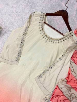 peach color embroidery and mirror work silk blend salwar suit 2