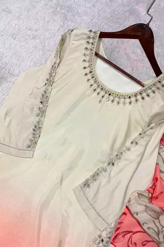 peach color embroidery and mirror work silk blend salwar suit