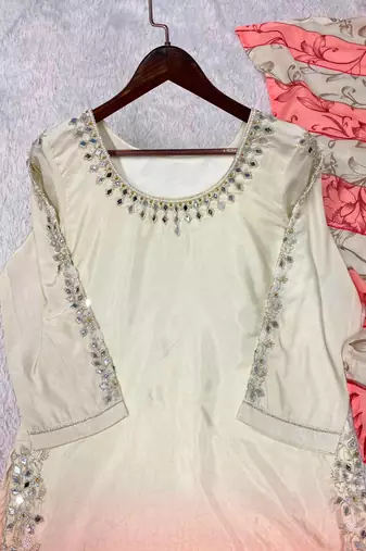 peach color embroidery and mirror work silk blend salwar suit