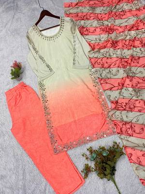 peach color embroidery and mirror work silk blend salwar suit 4