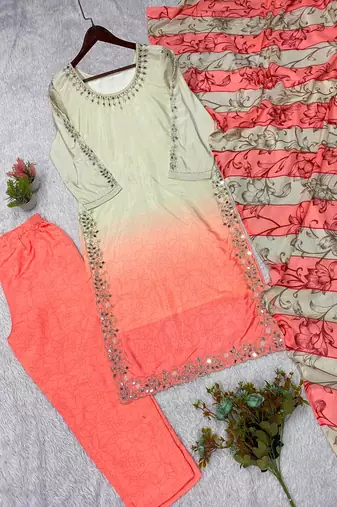 peach color embroidery and mirror work silk blend salwar suit