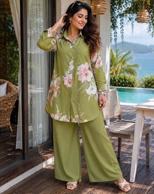 Light Olive Color Brush floral digital print work Silk Blend Shirt Palazzo Set 1