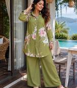 Light Olive Color Brush floral digital print work Silk Blend Shirt Palazzo Set