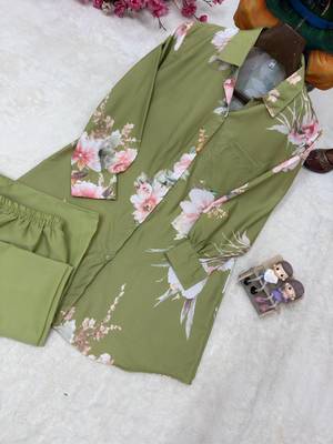 Light Olive Color Brush floral digital print work Silk Blend Shirt Palazzo Set 2