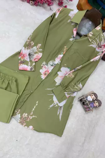 Light Olive Color Brush floral digital print work Silk Blend Shirt Palazzo Set