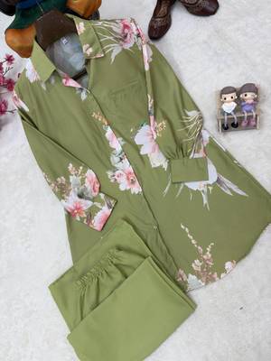 Light Olive Color Brush floral digital print work Silk Blend Shirt Palazzo Set 3