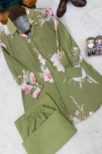 Light Olive Color Brush floral digital print work Silk Blend Shirt Palazzo Set