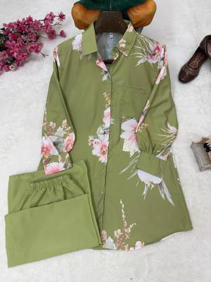 Light Olive Color Brush floral digital print work Silk Blend Shirt Palazzo Set 4