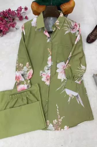 Light Olive Color Brush floral digital print work Silk Blend Shirt Palazzo Set