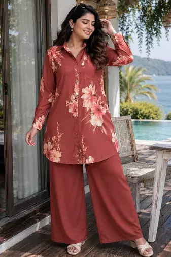 Orange Color Brush floral digital print work Silk Blend Shirt Palazzo Set