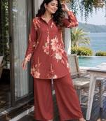 Orange Color Brush floral digital print work Silk Blend Shirt Palazzo Set