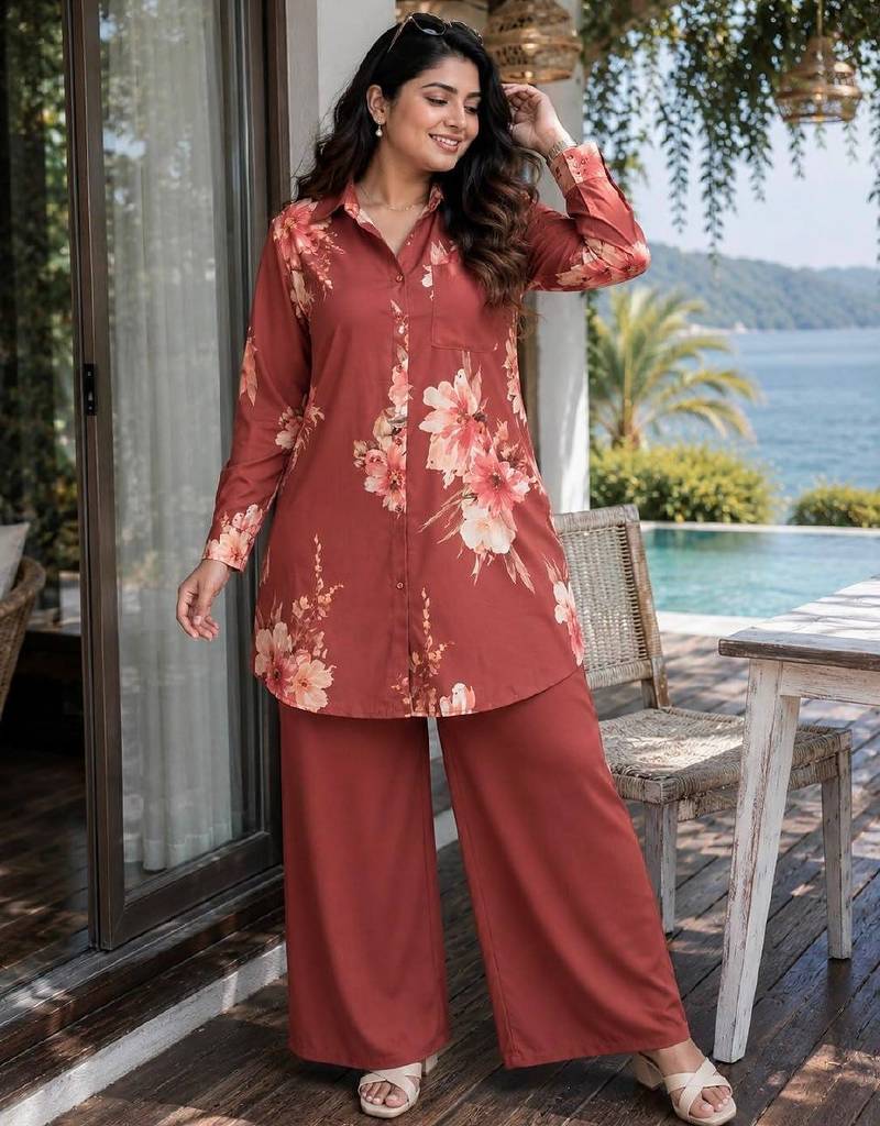 Orange Color Brush floral digital print work Silk Blend Shirt Palazzo Set