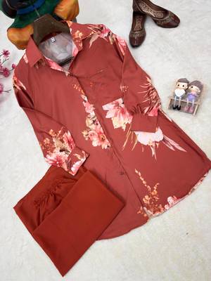 Orange Color Brush floral digital print work Silk Blend Shirt Palazzo Set 2
