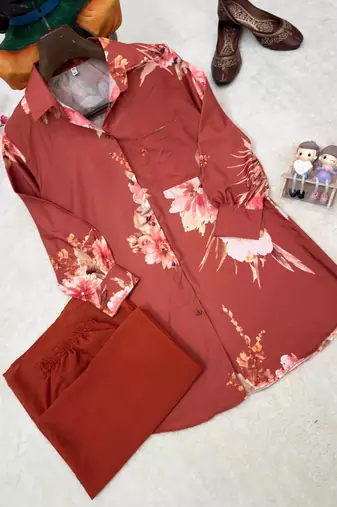 Orange Color Brush floral digital print work Silk Blend Shirt Palazzo Set