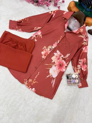 Orange Color Brush floral digital print work Silk Blend Shirt Palazzo Set 3