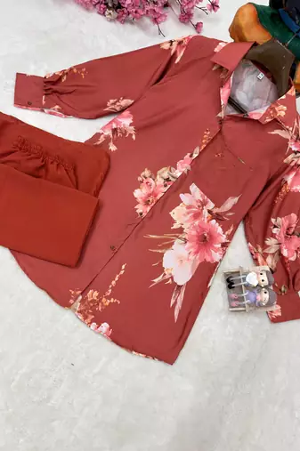 Orange Color Brush floral digital print work Silk Blend Shirt Palazzo Set