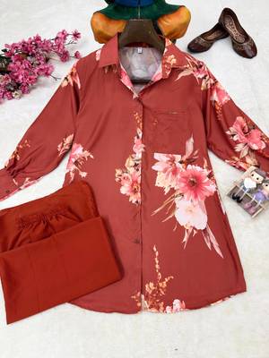 Orange Color Brush floral digital print work Silk Blend Shirt Palazzo Set 4