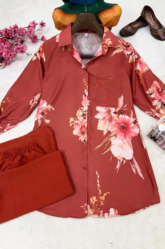 Orange Color Brush floral digital print work Silk Blend Shirt Palazzo Set
