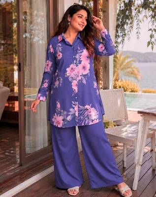 Violet Color Brush floral digital print work Silk Blend Shirt Palazzo Set 1