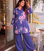 Violet Color Brush floral digital print work Silk Blend Shirt Palazzo Set