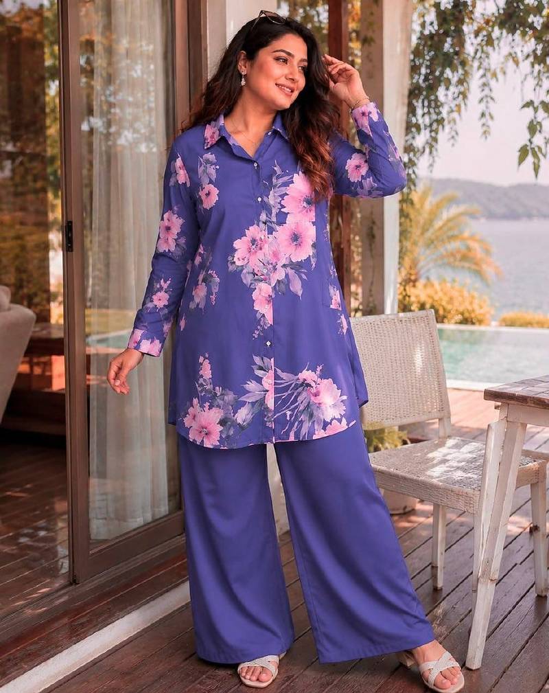 Violet Color Brush floral digital print work Silk Blend Shirt Palazzo Set