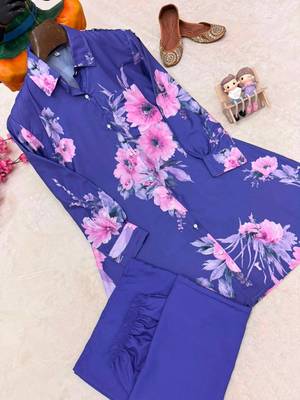 Violet Color Brush floral digital print work Silk Blend Shirt Palazzo Set 2