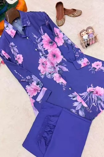 Violet Color Brush floral digital print work Silk Blend Shirt Palazzo Set