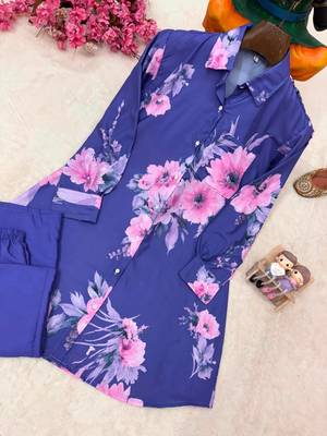 Violet Color Brush floral digital print work Silk Blend Shirt Palazzo Set 3