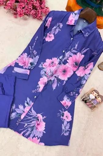Violet Color Brush floral digital print work Silk Blend Shirt Palazzo Set