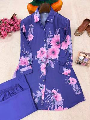 Violet Color Brush floral digital print work Silk Blend Shirt Palazzo Set 4