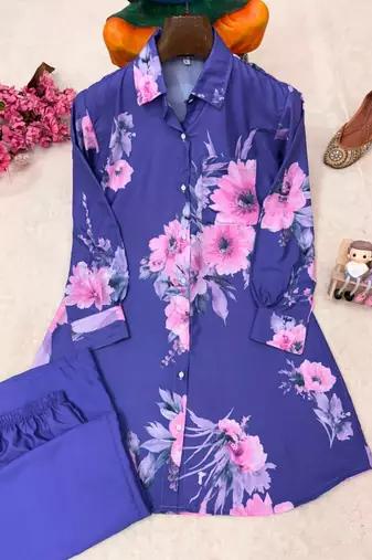 Violet Color Brush floral digital print work Silk Blend Shirt Palazzo Set