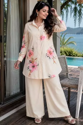white color brush floral digital print work silk blend shirt palazzo set