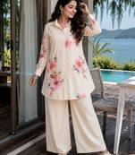 white color brush floral digital print work silk blend shirt palazzo set