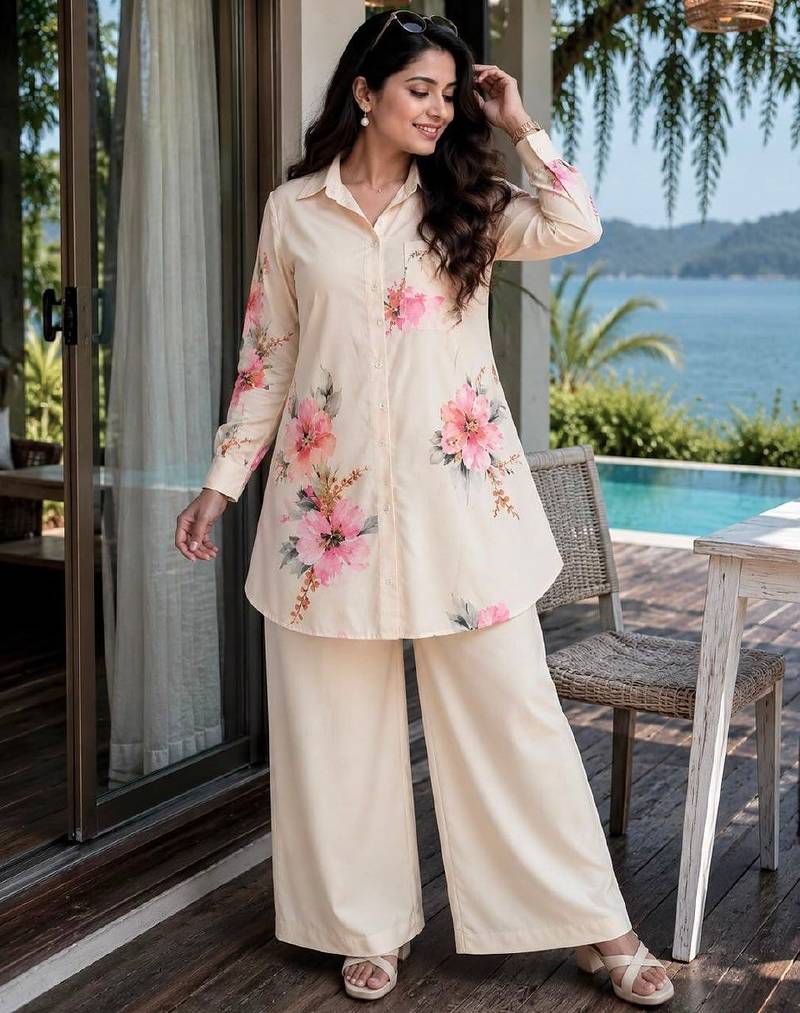 white color brush floral digital print work silk blend shirt palazzo set