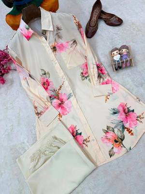 white color brush floral digital print work silk blend shirt palazzo set 2