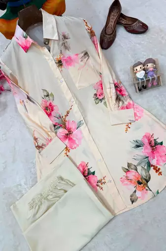 white color brush floral digital print work silk blend shirt palazzo set