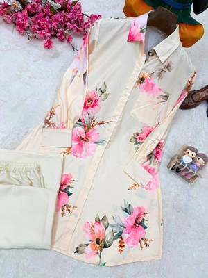 white color brush floral digital print work silk blend shirt palazzo set 3