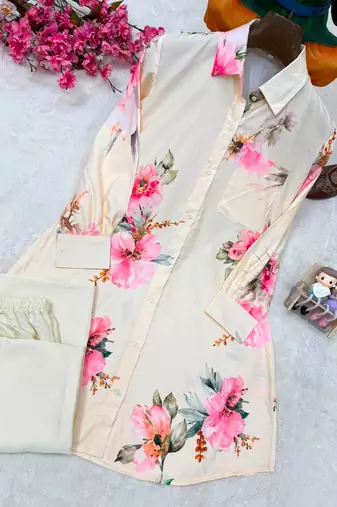 white color brush floral digital print work silk blend shirt palazzo set
