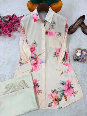 white color brush floral digital print work silk blend shirt palazzo set 4