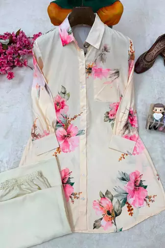 white color brush floral digital print work silk blend shirt palazzo set
