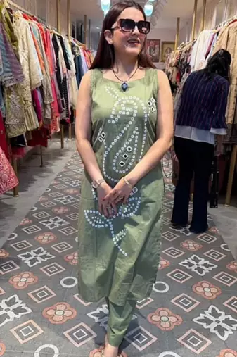 Green pure cotton mirror work bandhani printed kurta set