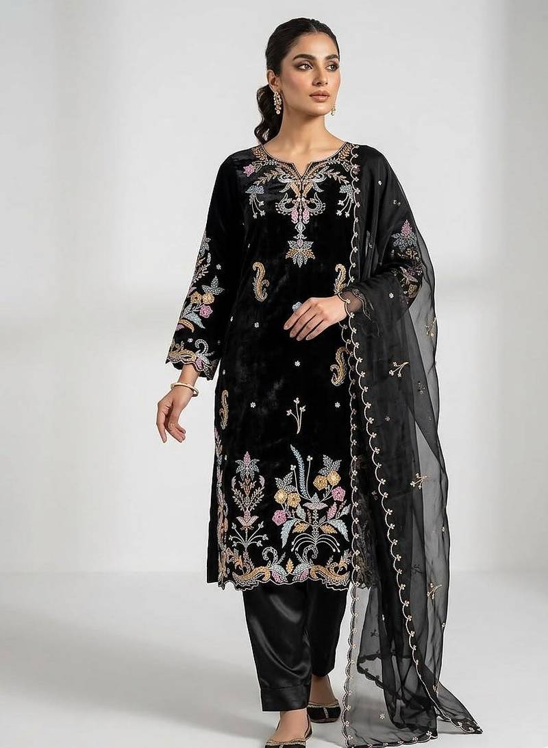 Black Color Embroidery Work Silk blend Salwar Suit