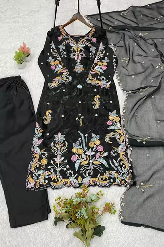 Black Color Embroidery Work Silk blend Salwar Suit