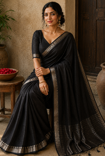 Black Color Jacquard Weaving Work Georgette Saree
