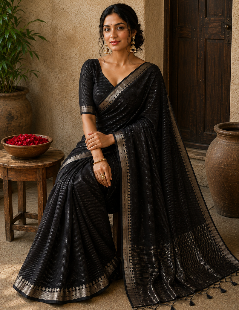 Black Color Jacquard Weaving Work Georgette Saree