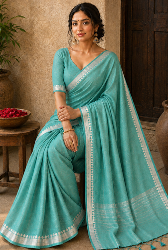 Blue Color Jacquard Weaving Work Georgette Saree